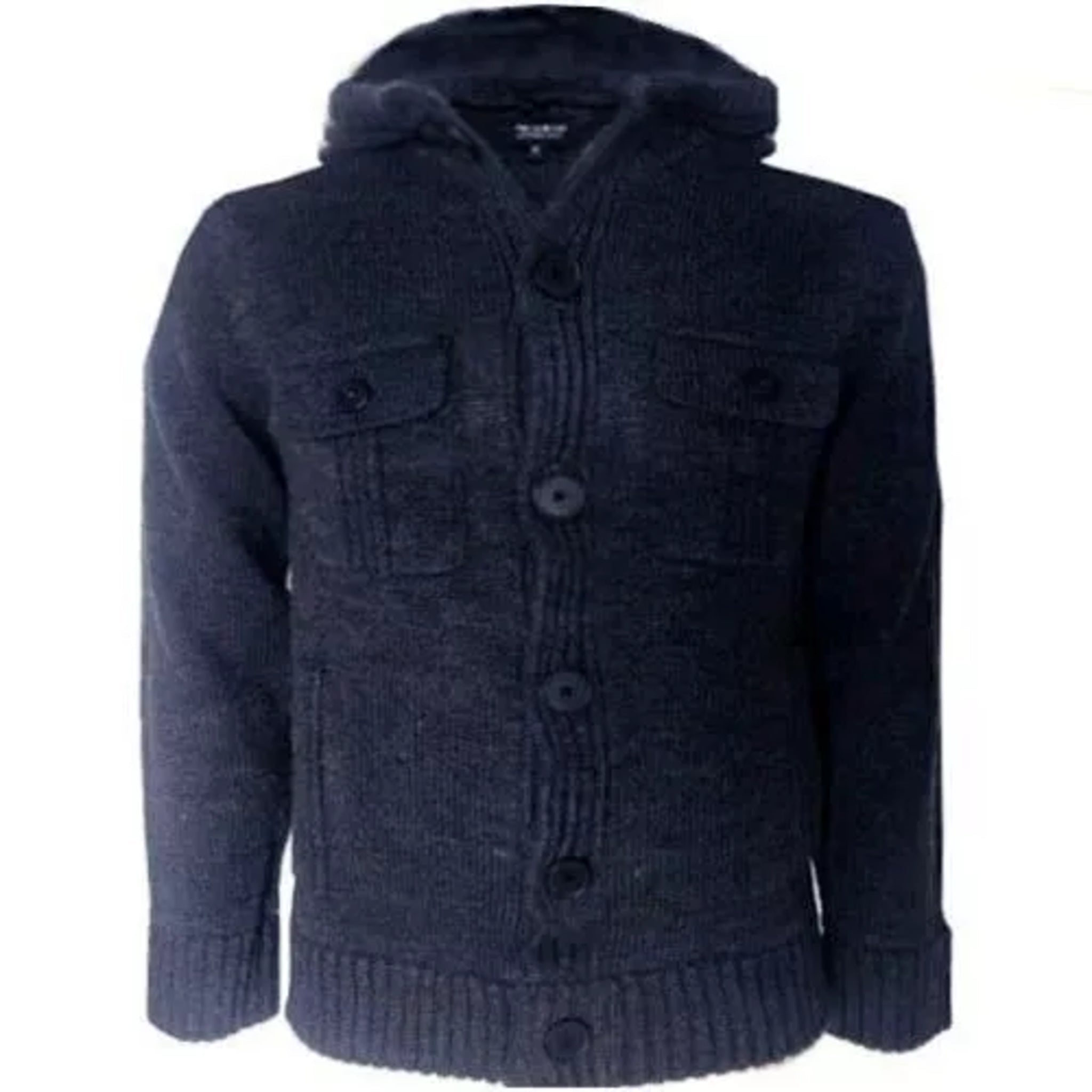 Men's Pull & Bear branded navy knitted cardigan with hood, button front and chest pockets